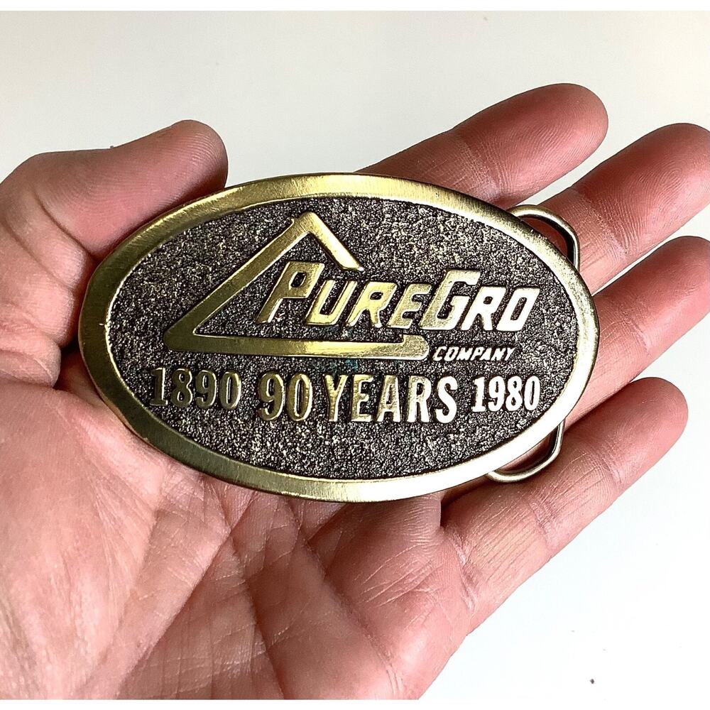 Vtg PureGro Belt Buckle 90 Years 1890-1980 Great American Buckle Co. Western Ag